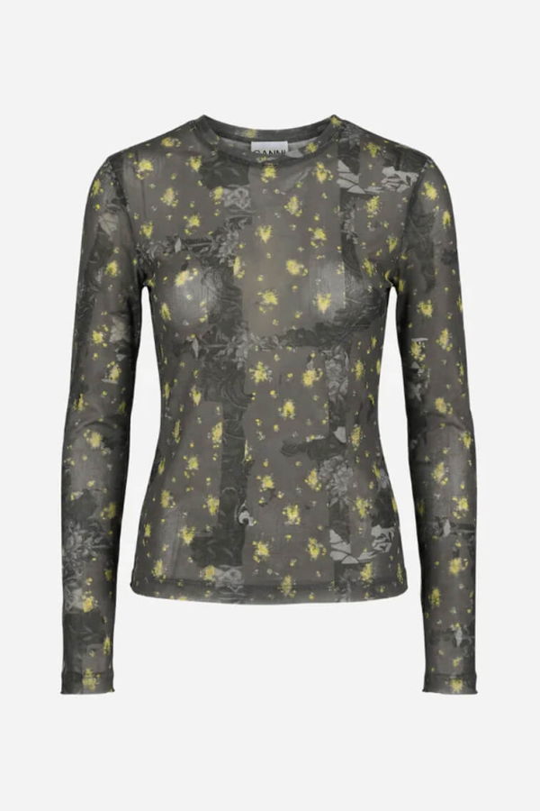 Ganni Printed Marl Mesh Long-Sleeve Top