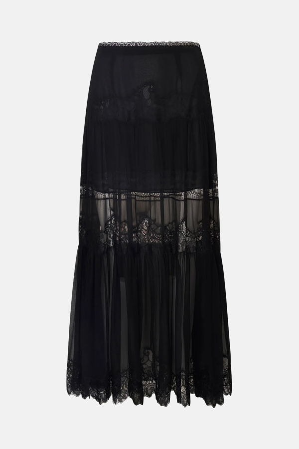 LoveShackFancy Aureline Silk Lace Pleated Maxi Skirt - Black