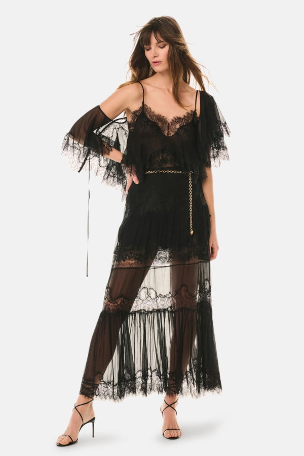 LoveShackFancy Aureline Silk Lace Pleated Maxi Skirt - Black