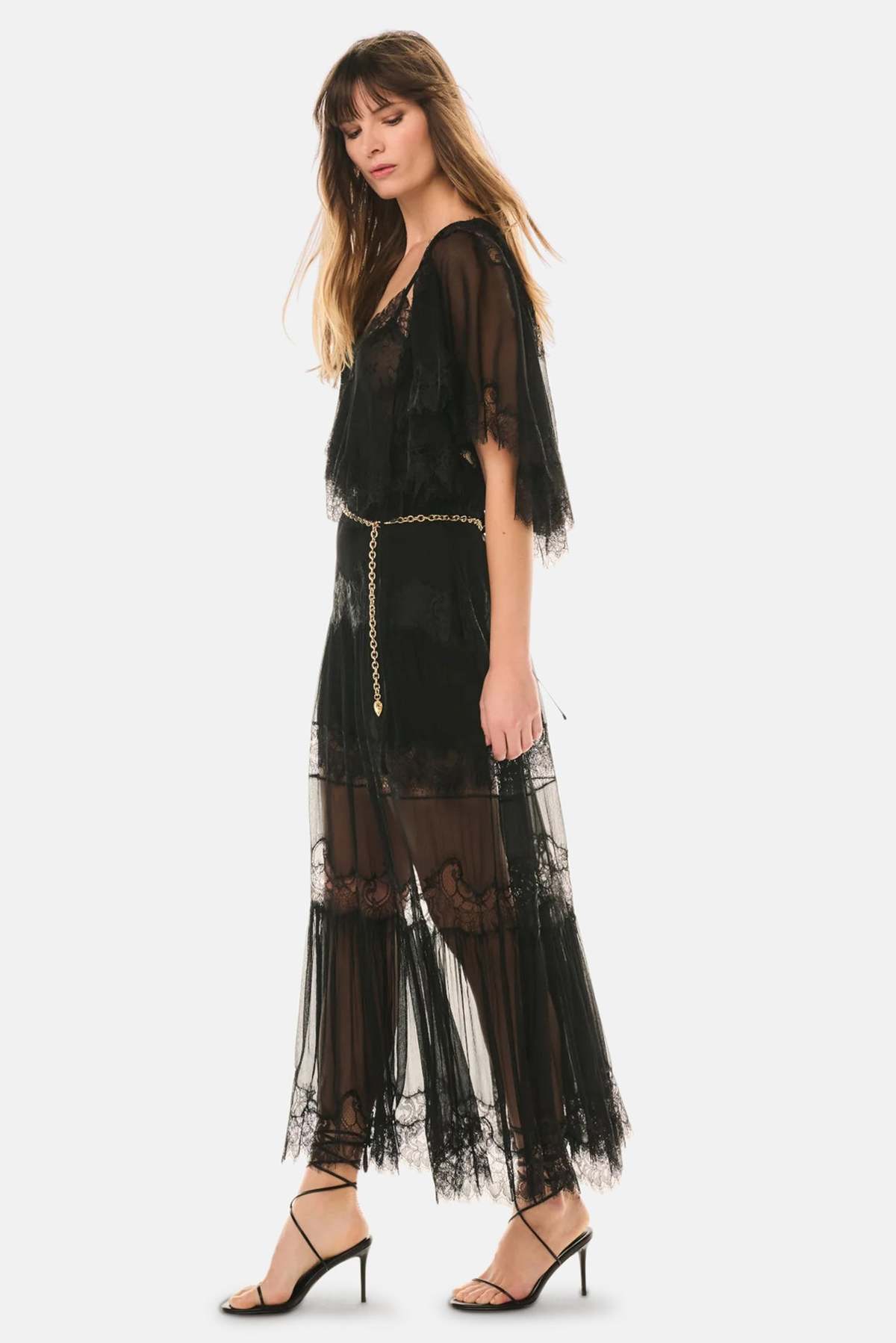 LoveShackFancy Aureline Silk Lace Pleated Maxi Skirt - Black - Image 3 of 5