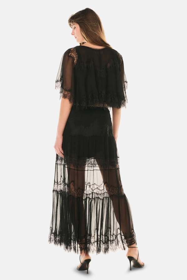 LoveShackFancy Aureline Silk Lace Pleated Maxi Skirt - Black