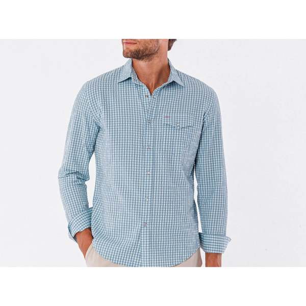 Criquet Performance Pearl Snap Button Down Shirt - Gingham Seersucker/Blue