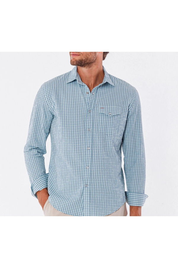Criquet Performance Pearl Snap Button Down Shirt - Gingham Seersucker/Blue