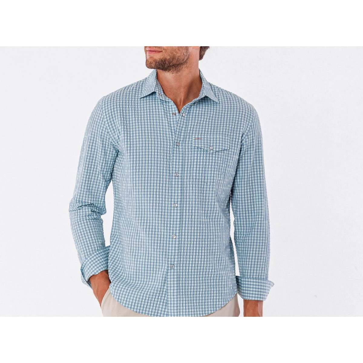 Criquet Performance Pearl Snap Button Down Shirt - Gingham Seersucker/Blue - Image 1 of 6