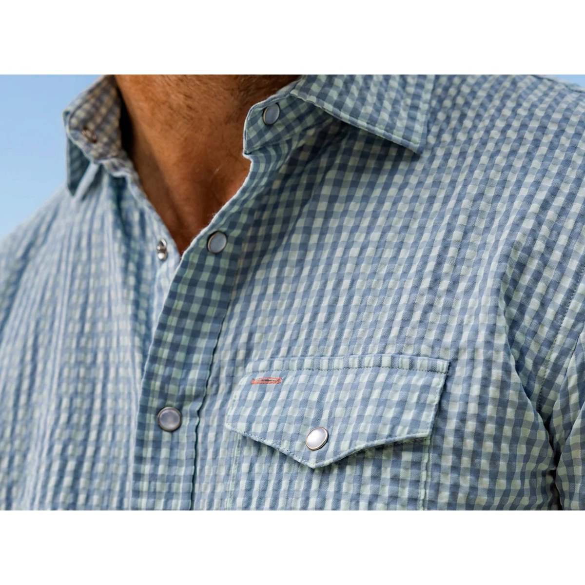 Criquet Performance Pearl Snap Button Down Shirt - Gingham Seersucker/Blue - Image 3 of 6