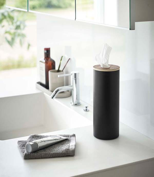 Yamazaki Home Round Tissue Case - Steel + Wood