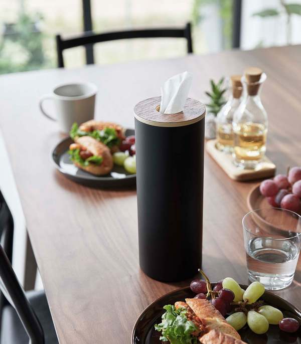 Yamazaki Home Round Tissue Case - Steel + Wood
