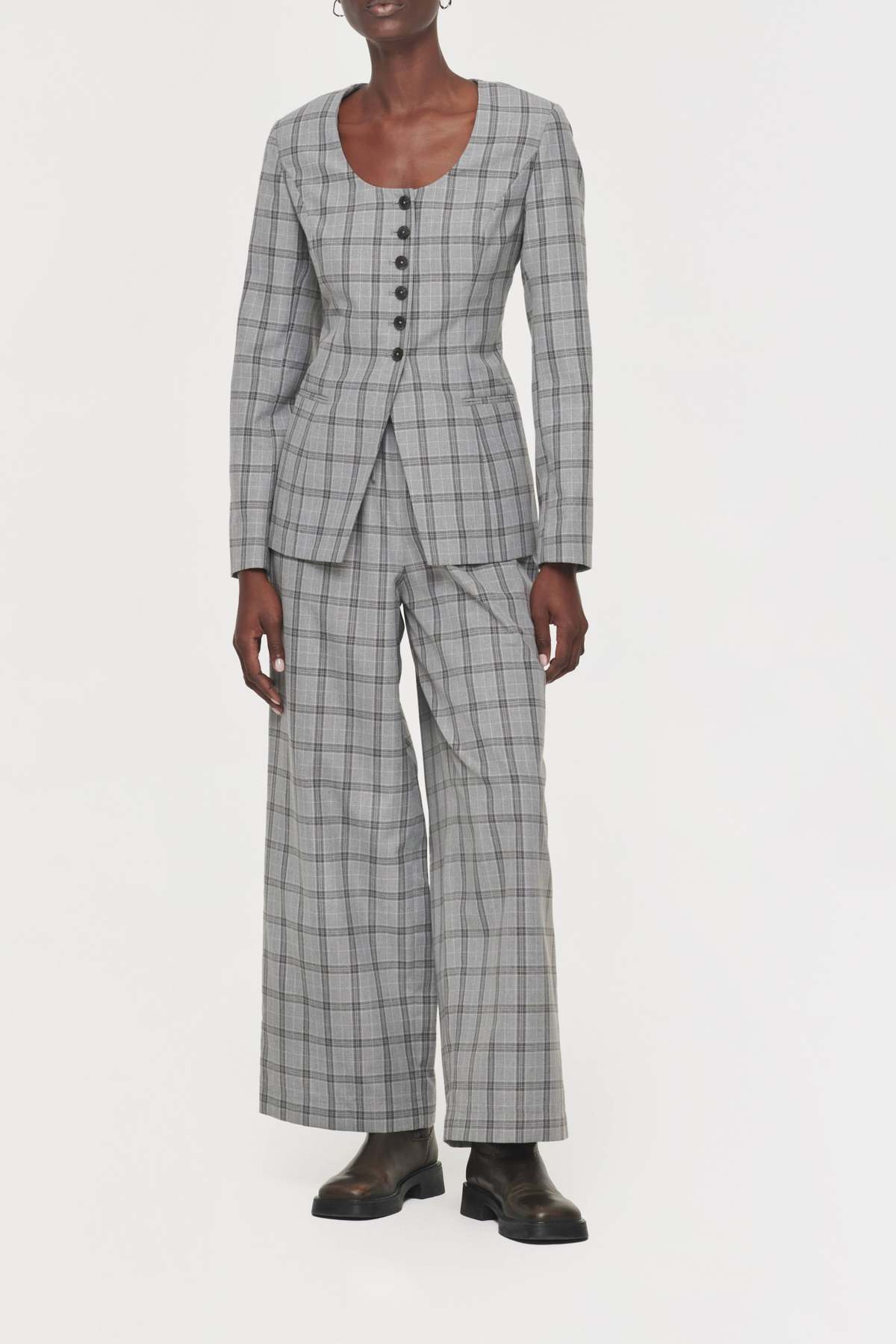 Aligne Daphne Scoop Neck Waisted Blazer - Check - Image 2 of 5