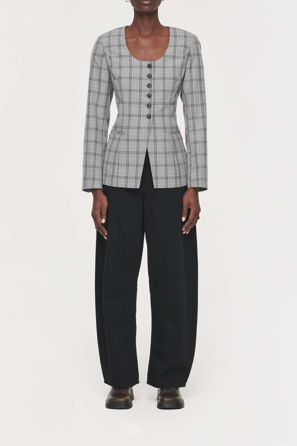 Aligne Daphne Scoop Neck Waisted Blazer - Check - Image 4 of 5