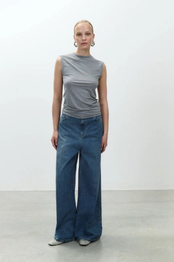 Alysi Jersey Top With Rhinestones - Gray