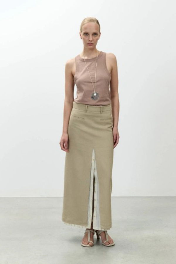 Alysi Linen Midi Skirt - Khaki