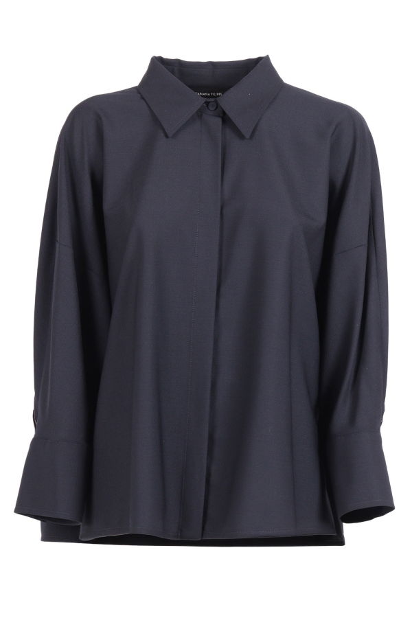 Fabiana Filippi Bistretch Wool 3/4 Sleeve Shirt, Tulle and Filo Diamante Blouse - Blue