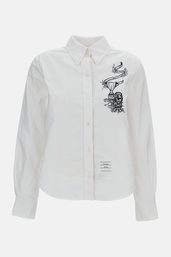 Thom Browne Hector Trophy Embroidered Shirt in Pencil Stitch - White
