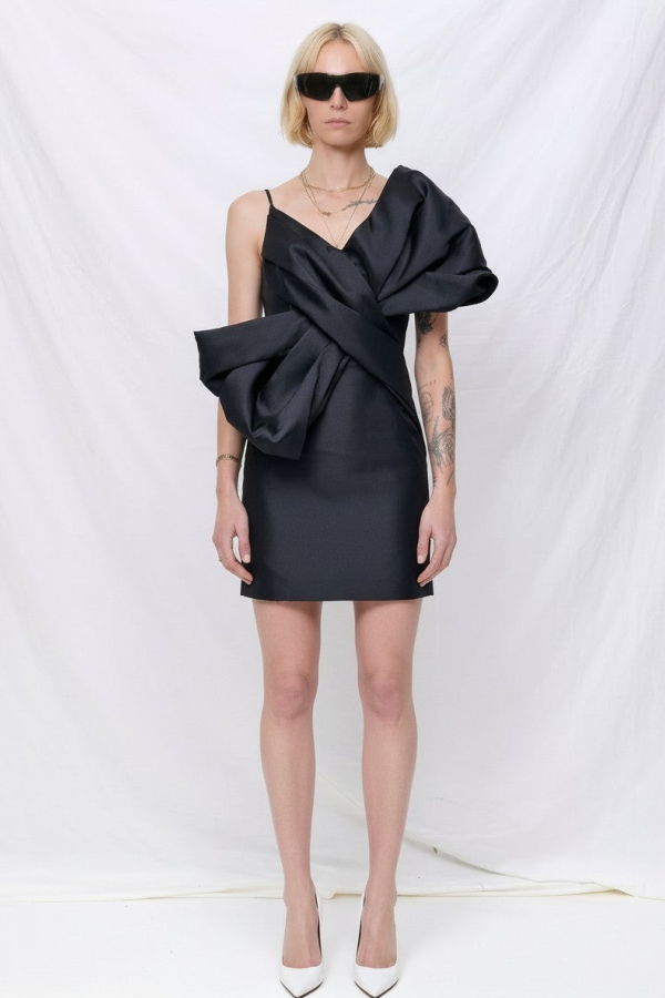 Marques Almeida Black Heavy Satin Mini Bow Dress
