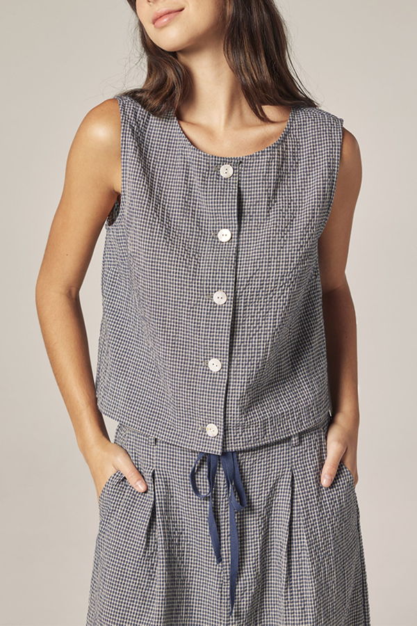 amente Plaid Button Down Top - Navy/White