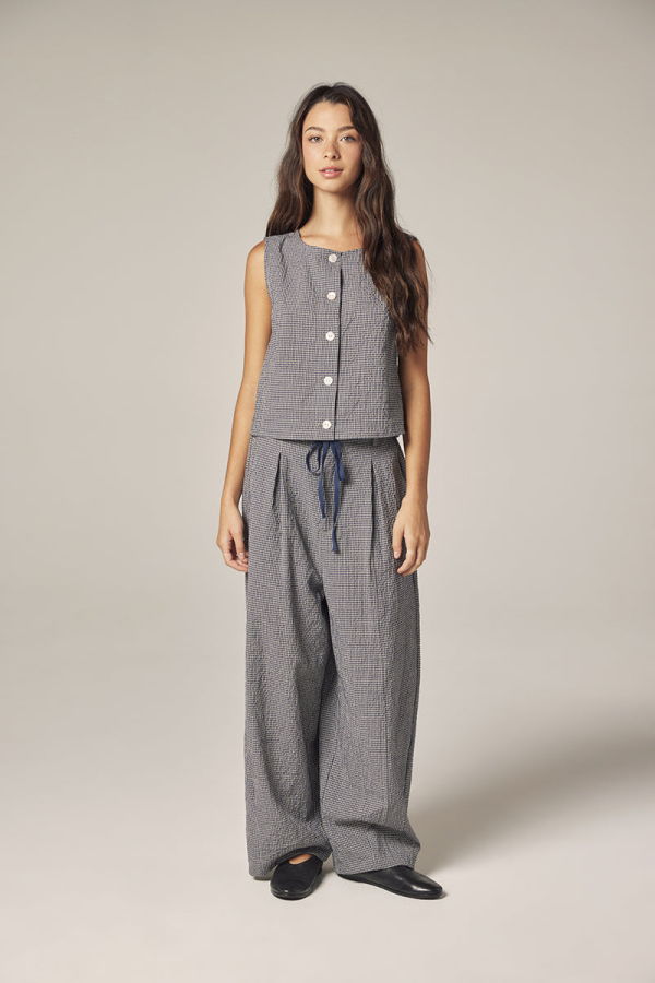 amente Plaid Drawstring Wide Pants - Navy/White