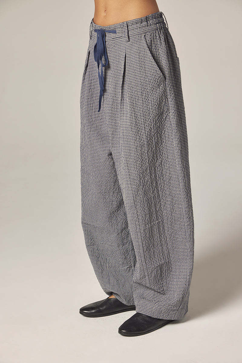 amente Plaid Drawstring Wide Pants - Navy/White