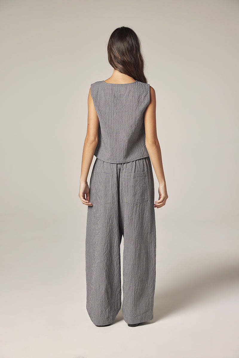 amente Plaid Drawstring Wide Pants - Navy/White