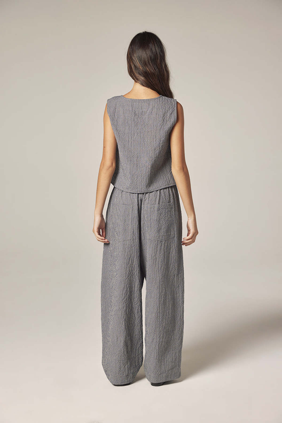 amente Plaid Drawstring Wide Pants - Navy/White - Image 6 of 6