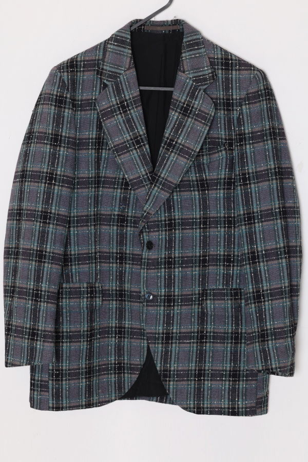 (Unattributed) 1980s–1990s, broken plaid lounge jacket, nubby tweed, workshop production