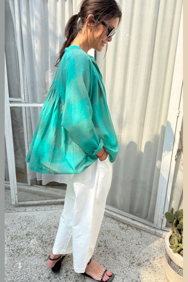 Two Sheer Plaid Raglan Sleeve Shirt