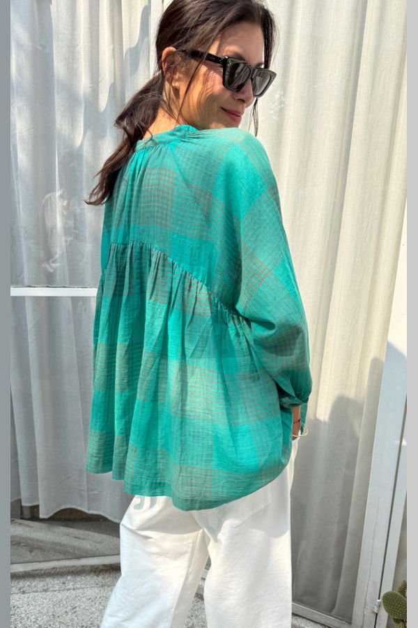 Two Sheer Plaid Raglan Sleeve Shirt