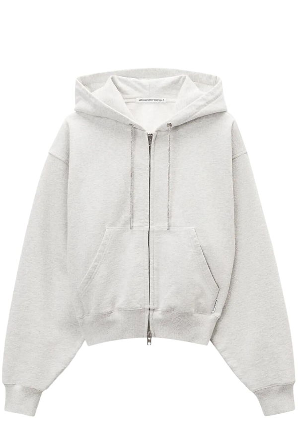 ALEXANDER WANG Zip-Up Hoodie With Rhinestone Drawcord - Light Heather Grey