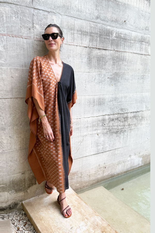 Two Long Ikat Caftan - Terracotta/Black