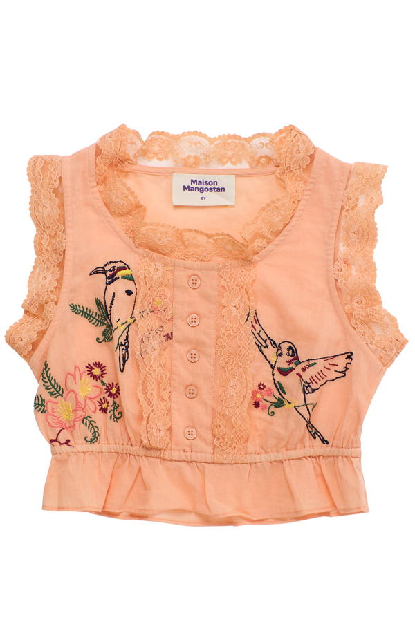 KIDS Maison Mangostan Birds Embroidered Ruffle Blouse - Orange