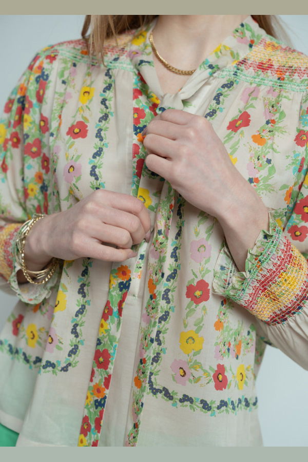 Hope for Flowers Smocked Tie Shirt - Custard Floral