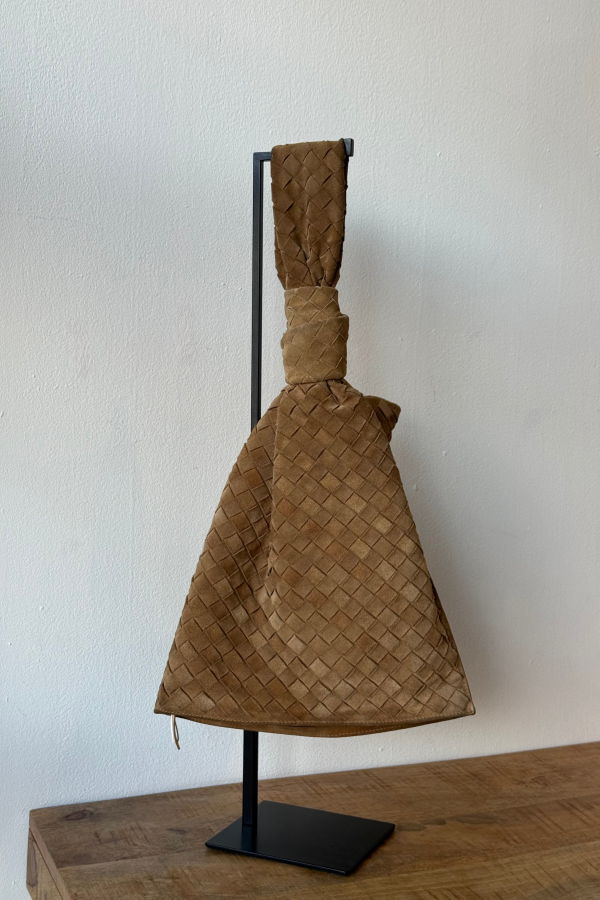 Preloved Bottega Veneta Intrecciato Twist Suede Bag with Top Handle - Camel