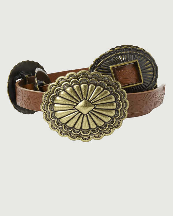 The Great. The Tooled Leather Concho Belt - Brown