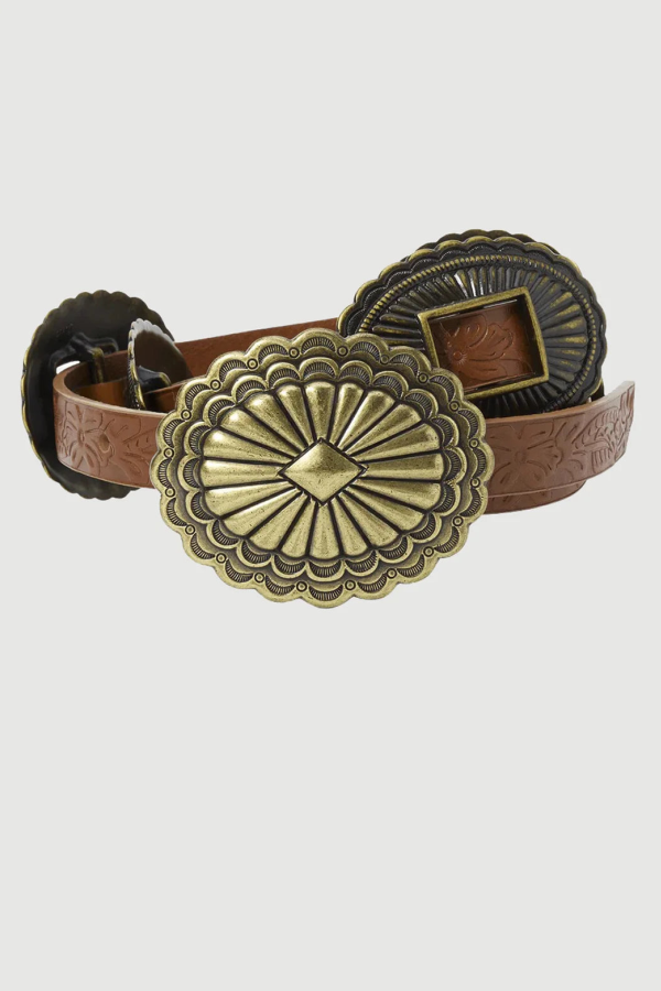 The Great. The Tooled Leather Concho Belt - Brown