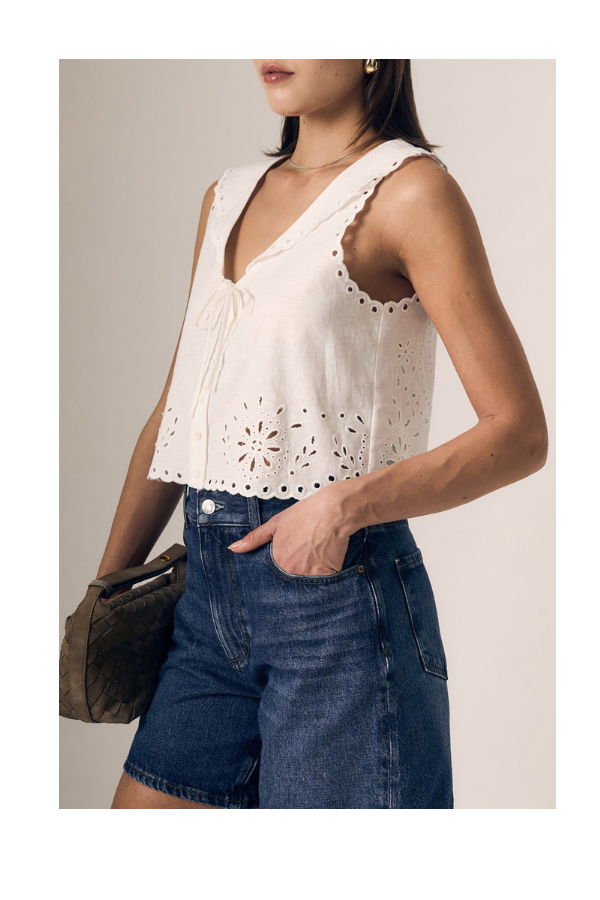 Le Jean Embroidered Eyelet Sailor Top
