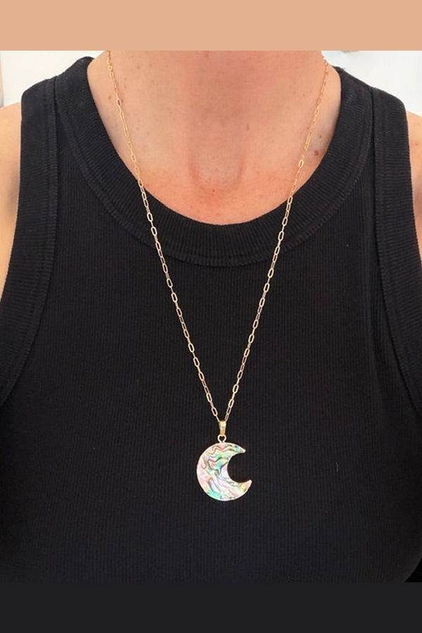 Armor & Arrows Abalone Shell Moon Long Chain Necklace - Gold Plated