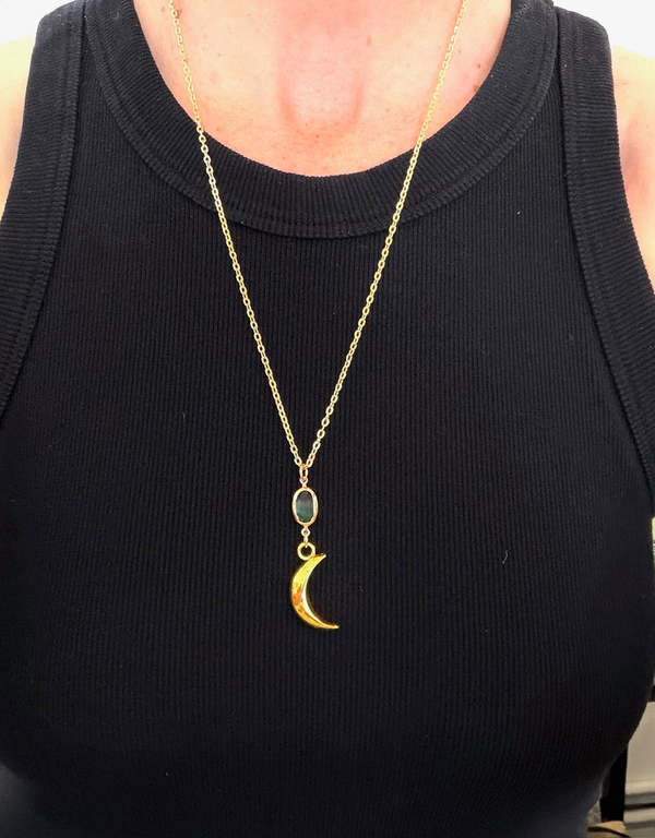 Armor & Arrows Chain Necklace with Moon & Stone - Gold/Green Plated