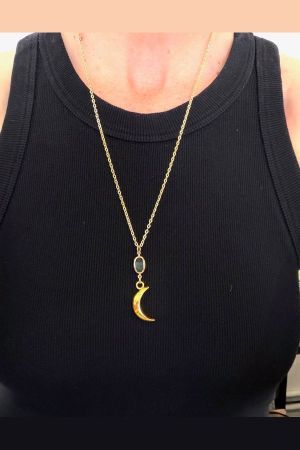 Armor & Arrows Chain Necklace with Moon & Stone - Gold/Green Plated