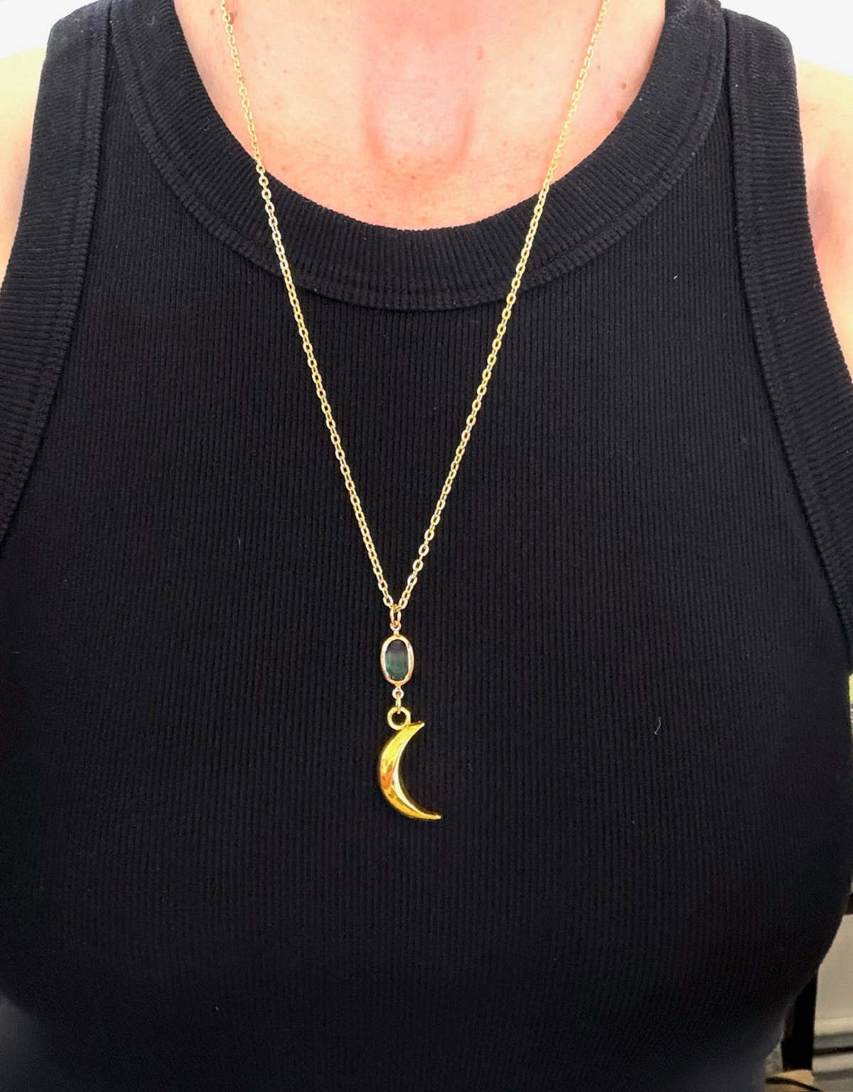 Armor & Arrows Chain Necklace with Moon & Stone - Gold/Green Plated - Image 1 of 3