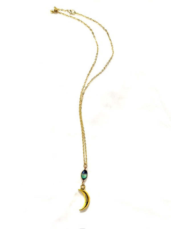 Armor & Arrows Chain Necklace with Moon & Stone - Gold/Green Plated