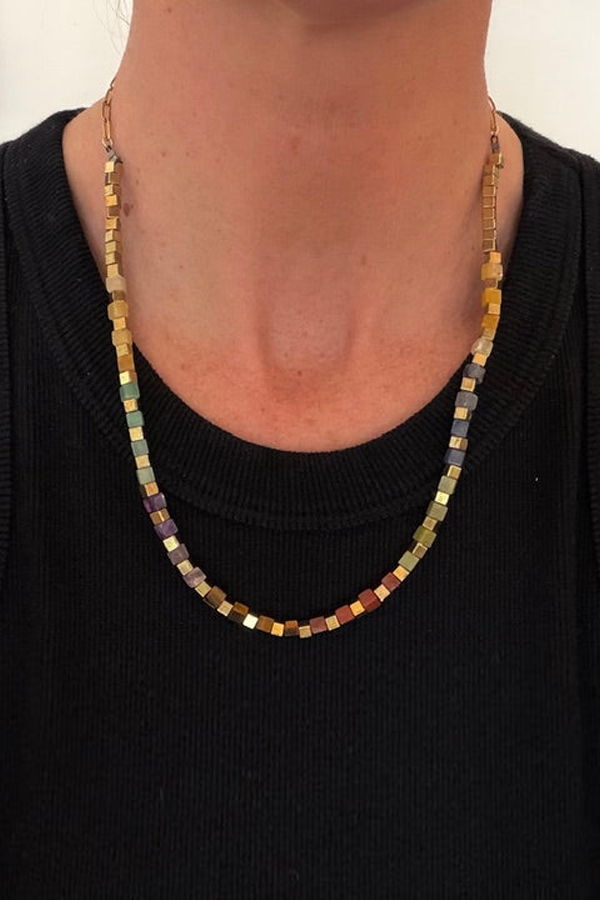 The Collective Park City Multi Color Resin Square Bead & Gold Chain Necklace