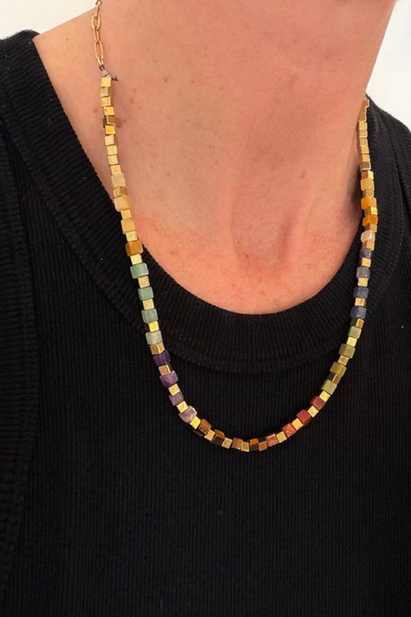 The Collective Park City Multi Color Resin Square Bead & Gold Chain Necklace
