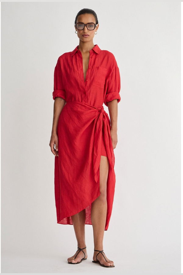 Apiece Apart Alessandra Sarong Shirt Dress - Racing Red