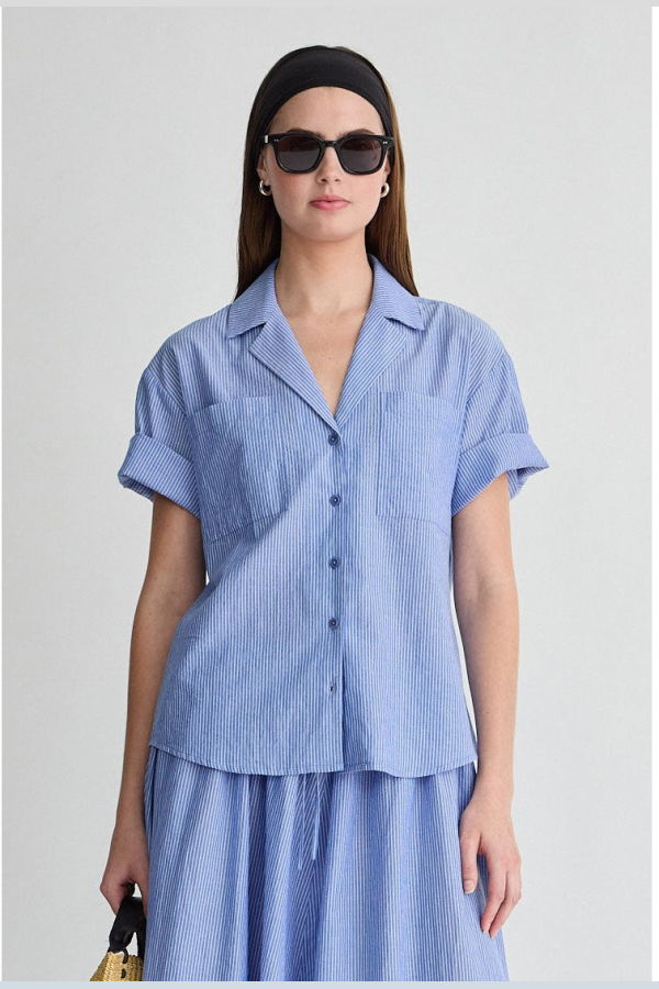 Apiece Apart Valenti Button Up Shirt - Microstripe Blue & Cream
