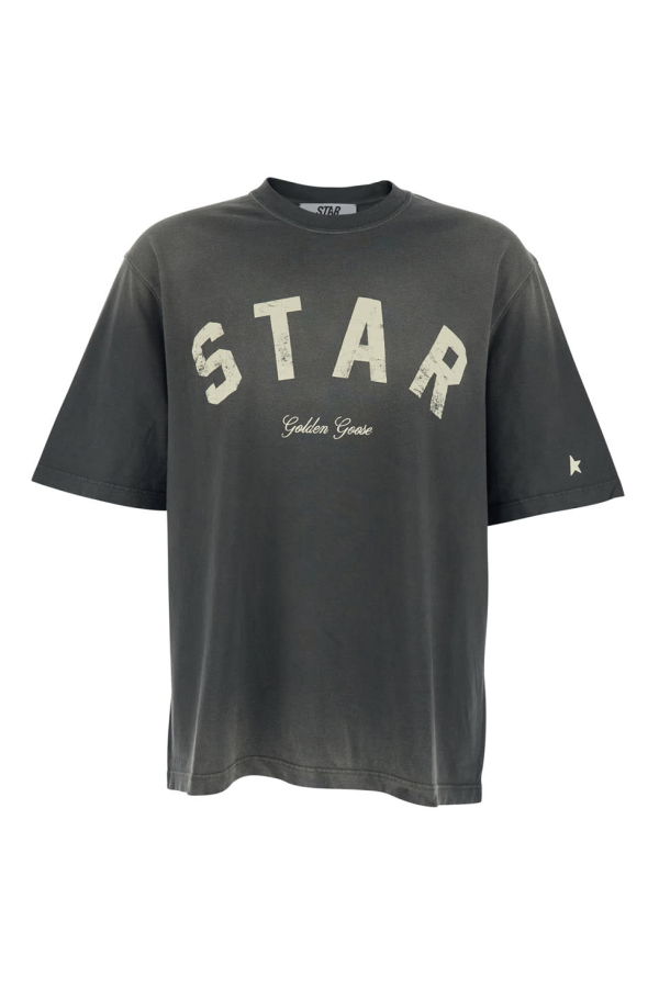 Golden Goose Gray Cotton Crew Neck T-Shirt With Front Print