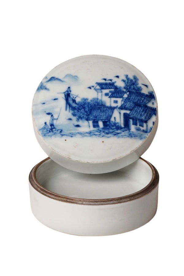 Cobalt Guild Blue and White Porcelain River Landscape Ink Box