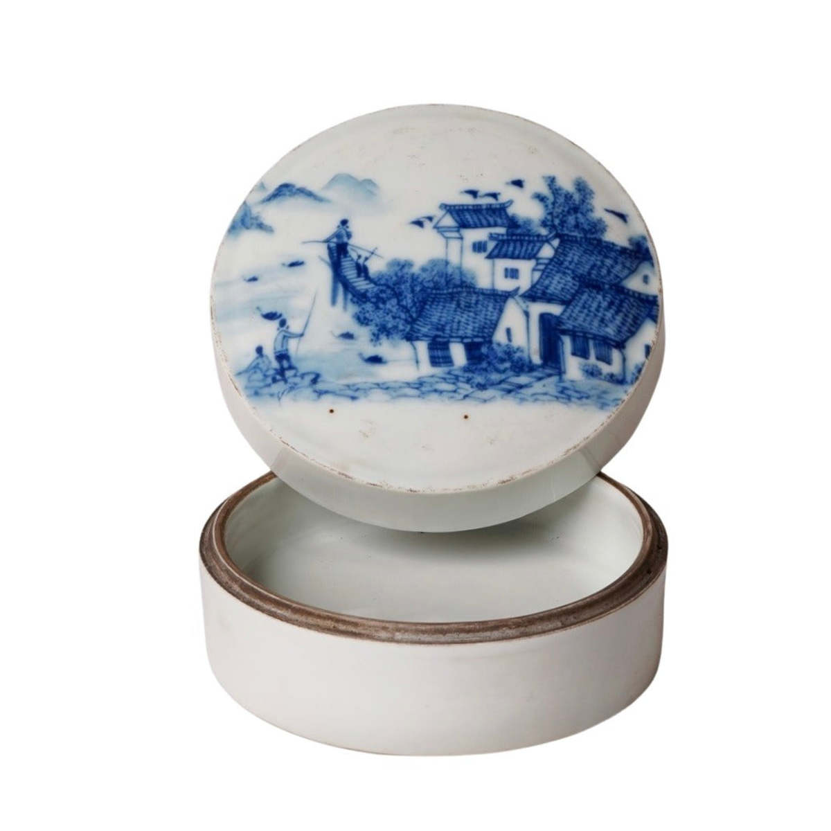 Cobalt Guild Blue and White Porcelain River Landscape Ink Box - Image 1 of 5