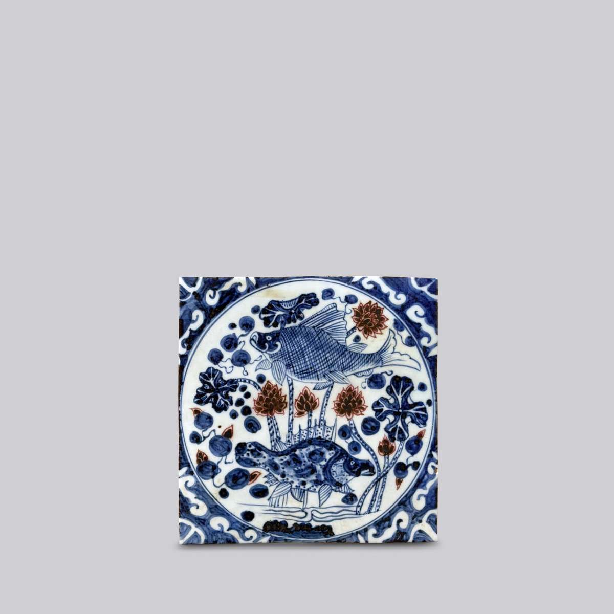 Cobalt Guild Hand Painted Porcelain Blue and Red Fish and Lotus Tile - Image 2 of 5