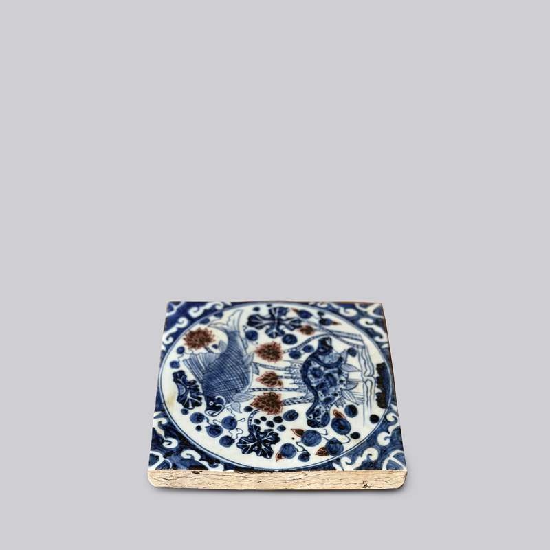 Cobalt Guild Hand Painted Porcelain Blue and Red Fish and Lotus Tile