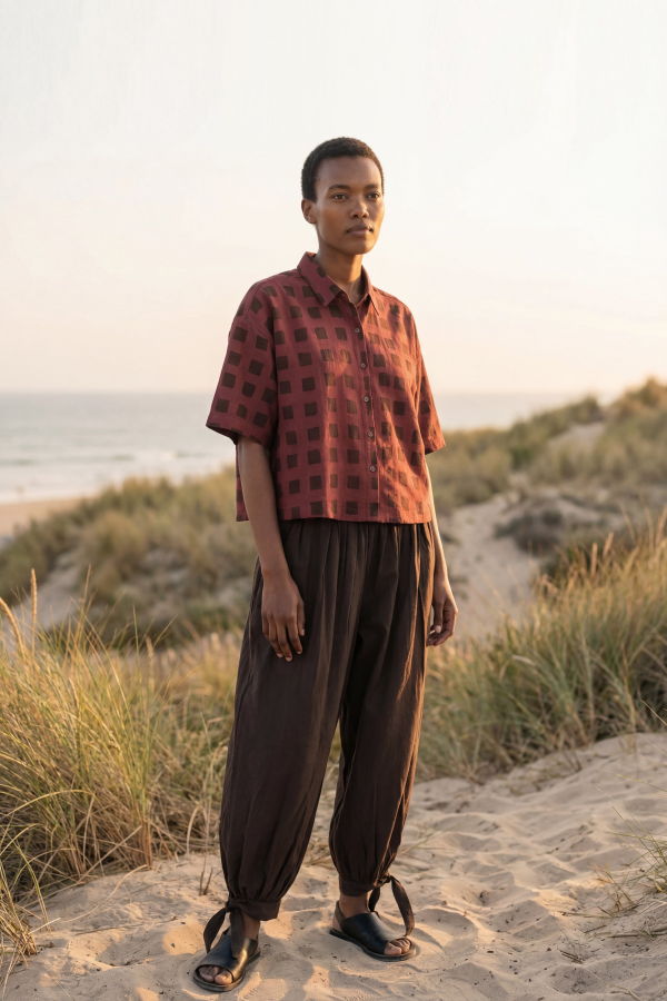 World of Crow Burgundy Grid Block Print Shirt