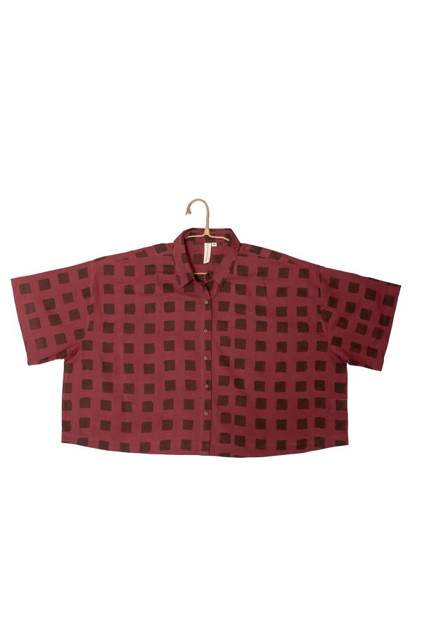 World of Crow Burgundy Grid Block Print Shirt